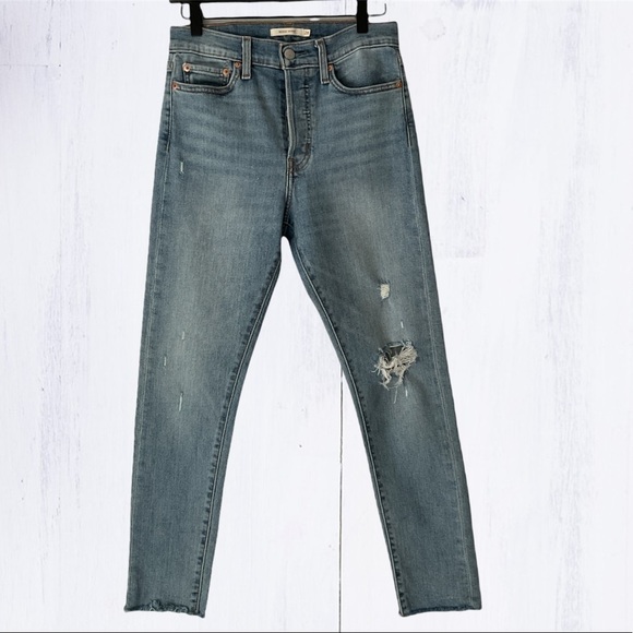 Levi's Wedgie High Rise Skinny Distressed Button Fly Frayed Hem Jeans - Picture 1 of 16